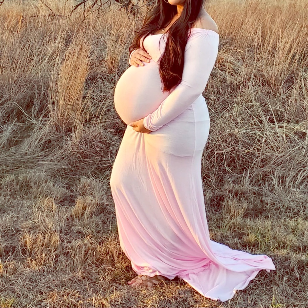 Maternity pink off the shoulder maxi dress